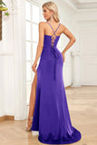 Fucsia Sirena Spalline sottili Satin Abito da ballo con Fessura Frontale