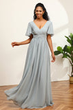 Abito da damigella in chiffon grigio con scollo a V A-Line