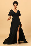 Black Batwing Maniche lungo Chiffon Abito da damigella d'onore