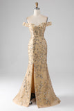 Sirena Off The Shoulder Abito da ballo lungo dorato con perline con fessura
