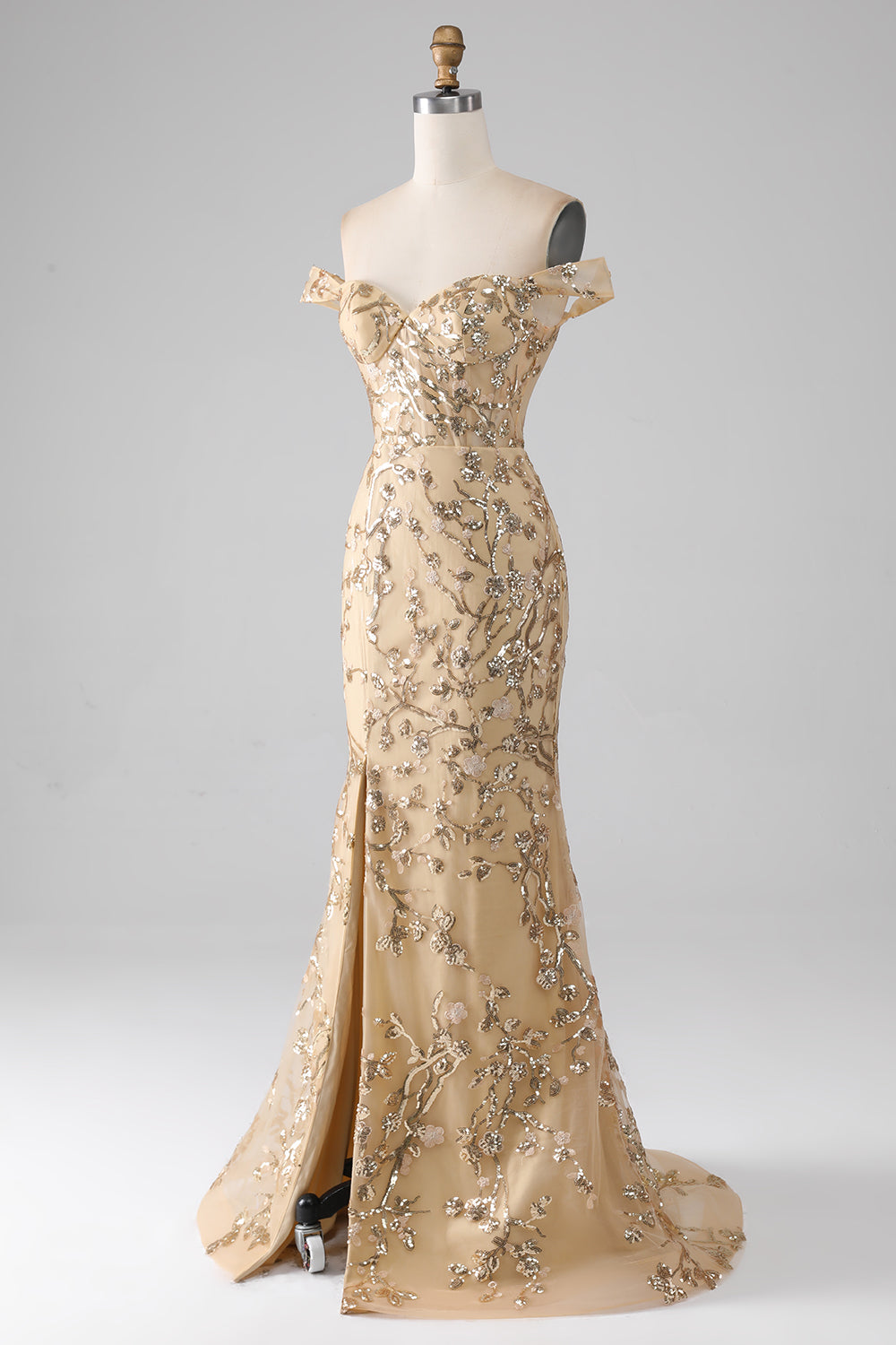 Sirena Off The Shoulder Abito da ballo lungo dorato con perline con fessura