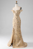 Sirena Off The Shoulder Abito da ballo lungo dorato con perline con fessura