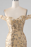 Sirena Off The Shoulder Abito da ballo lungo dorato con perline con fessura