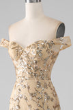 Sirena Off The Shoulder Abito da ballo lungo dorato con perline con fessura