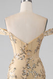 Sirena Off The Shoulder Abito da ballo lungo dorato con perline con fessura