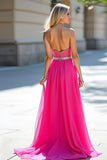Fucsia perline senza spalline una linea di tulle Abito da Cerimonia con fessura