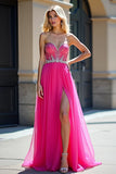 Fucsia perline senza spalline una linea di tulle Abito da Cerimonia con fessura