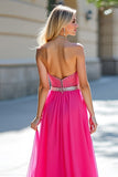 Fucsia perline senza spalline una linea di tulle Abito da Cerimonia con fessura