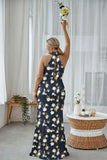 Vestito lungo da damigella a fianco blu bianco con fianco a capezza, taglie forti stampate