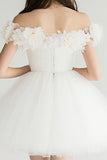 Bianco A Line Tulle Off the Shoulder Abito corto di laurea con applicazioni