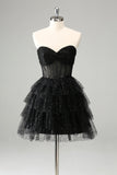 Scintillante carino una linea nera Sweetheart Tiered Corsetto Abito Da Laurea