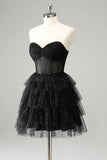 Scintillante carino una linea nera Sweetheart Tiered Corsetto Abito Da Laurea