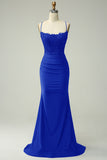 Blu Reale Trendy Sirena Halter Neck Lungo Prom Dress con Appliques Perline