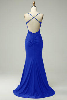 Blu Reale Trendy Sirena Halter Neck Lungo Prom Dress con Appliques Perline