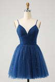 Navy A Line Spaghetti Straps Tulle Lace- Up Back Abito Da Laurea