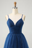 Navy A Line Spaghetti Straps Tulle Lace- Up Back Abito Da Laurea