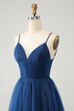 Navy A Line Spaghetti Straps Tulle Lace- Up Back Abito Da Laurea