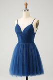 Navy A Line Spaghetti Straps Tulle Lace- Up Back Abito Da Laurea