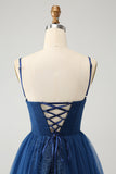 Navy A Line Spaghetti Straps Tulle Lace- Up Back Abito Da Laurea