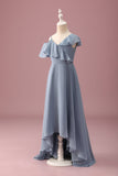 Grigio Blu con scollo a V A-Line Chiffon High Low Junior Abito da damigella d'onore
