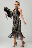 Aderente Halter nero dorato paillettes abito anni 1920 con frange