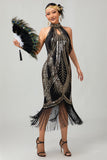 Aderente Halter nero dorato paillettes abito anni 1920 con frange
