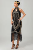Aderente Halter nero dorato paillettes abito anni 1920 con frange