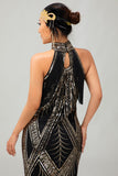 Aderente Halter nero dorato paillettes abito anni 1920 con frange