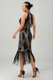 Aderente Halter nero dorato paillettes abito anni 1920 con frange