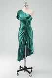 Verde scuro metallizzato una spalla sirena Cocktail Dress con volant