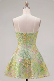Corsetto verde a linea A, paillettes, abito corto di homecoming