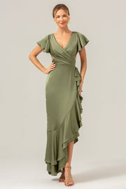 Olive A Line V Neck Satin Abito da damigella d'onore asimmetrico con fessura a balze