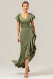 Olive A Line V Neck Satin Abito da damigella d'onore asimmetrico con fessura a balze