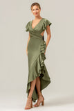 Olive A Line V Neck Satin Abito da damigella d'onore asimmetrico con fessura a balze