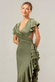 Olive A Line V Neck Satin Abito da damigella d'onore asimmetrico con fessura a balze