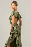 Olive A Line V Neck Satin Abito da damigella d'onore asimmetrico con fessura a balze