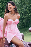 Elegante Sparkly Pink Spaghetti Straps Corsetto Tight Abito Da Cocktail con perline