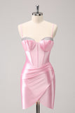 Elegante Sparkly Pink Spaghetti Straps Corsetto Tight Abito Da Cocktail con perline