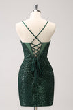 Verde scuro aderente spalline corsetto corto abito da cocktail con paillettes