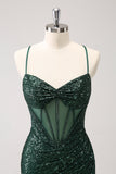 Verde scuro aderente spalline corsetto corto abito da cocktail con paillettes