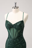 Verde scuro aderente spalline corsetto corto abito da cocktail con paillettes