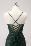 Verde scuro aderente spalline corsetto corto abito da cocktail con paillettes