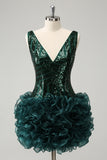 Glitter verde scuro stretto con scollo a V paillettes Abito Da Cocktail con volant staccabile