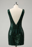 Glitter verde scuro stretto con scollo a V paillettes Abito Da Cocktail con volant staccabile