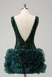 Glitter verde scuro stretto con scollo a V paillettes Abito Da Cocktail con volant staccabile