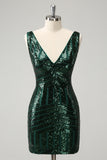 Glitter verde scuro stretto con scollo a V paillettes Abito Da Cocktail con volant staccabile