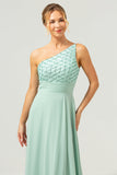 Sparkly Green A-Line una spalla chiffon lungo abito da damigella d'onore