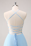 Scintillante blu Halter floreale lungo abito da damigella d'onore con lacci sul retro
