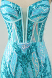 Blu Scintillante Aderente Spalline Sottili Corsetto Abito Da Cocktail Con Paillettes