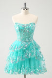 Carino Glitter Verde Una linea senza spalline paillettes Tiered Corsetto Abito da Laurea